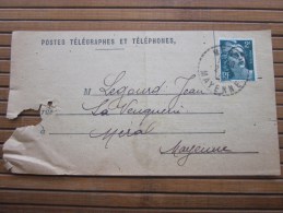 1945 POSTES ET TELEGRAPHES Télégraphe,téléphone Avis Réception Paiement Marianne Gandon 713 >MERAL Mayenne CAD  Rural - Telegraphie Und Telefon