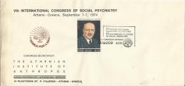 GREECE 1974 – FDC 5TH INTL CONGRESS OF SOCIAL PSYCHIATRY – SEPTEMBER 1-7, 1974 – ATHENIAN INSTITUTE OF ANTHROPOS W 1 ST - FDC