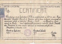 KING FERDINAND REVENUE STAMP ON MECANICS SCHOOL CERTIFICATE, 1926, ROMANIA - Diploma & School Reports