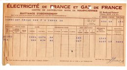 Quittance D'Abonnement, Electricité De France Et Gaz De France - Valenciennes - 1953 - Electricidad & Gas