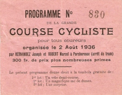 Tombola Programme De La Course Cycliste A Porcheresse (arret Du Tram) 2 Aout 1936 - Billets De Loterie