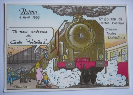REIMS 1993- 12ème BOURSE DE CARTES-POSTALES - Illust.  P.GAUTHIE - Locomotive -rails - Beursen Voor Verzamellars