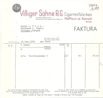 Rechnung  "Villiger Söhne AG, Cigarrenfabrik, Pfeffikon Bei Reinach"            1939 - Zwitserland