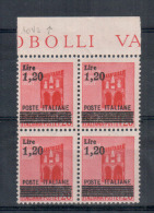 LUOGOTENENZA 1945  VARIETA' 1,20 SU 20 C.  SOPRASTAMPA SPOSTATA IN SENSO ORIZZONTALE QUARTINA ** MNH - Sonstige & Ohne Zuordnung