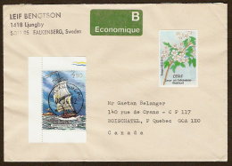 Sweden Falkenberg 1992 Cover To Canada - B Economique Label - Cancer Society Flower Label - Sailing Ship - Europa - Cartas & Documentos