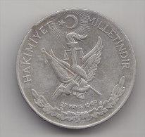 @Y@  Turkije   1  ( On )   Lira  1960     (item 2490)  Ag / Silber - Turchia