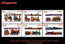 PIEZAS. CUBA MINT. 2011-19 EXPOSICIÓN FILATÉLICA JAPÓN 2011. TRENES. SERIE SIN DENTAR - Geschnittene, Druckproben Und Abarten