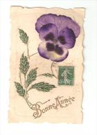 Carte Fantaisie: Bonne Année : Fleur Pensée En Tissu Collé = Feuilles Peintes + Paillettes Dorées - Nieuwjaar