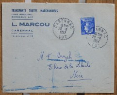 Enveloppe Affranchie Pour Nice Oblitération Carennac Lot - 1921-1960: Modern Period