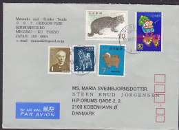 Japan Airmail Par Avion Label Deluxe MEGURO-KU Tokyo Commercial Cover To Denmark Dog Hund Chien Katze Cat Raindeer - Posta Aerea