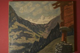TOILE Montagne (Pyrénées ?) Paysage De Bagillier 1932 ! 19 X 25 Cm - Gouaches
