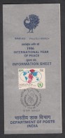 India, 1986, International Year Of Peace, Flower, Map, Dove Bird, India, BROCGHURE - Cartas & Documentos