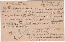 Reply To Electricity Inspector, "Factory Not Engaged In War Work" WW 2 Period Used Postcard, Energy, Hyderabad  1943 - Electricidad