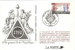 CARTE POSTALE BICENTENAIRE # ENTIER POSTAL  1992 # AN 1 DE LA REPUBLIQUE # FDC # PARIS # SOUVENIR PHILATELIQUE - Pseudo-entiers Officiels