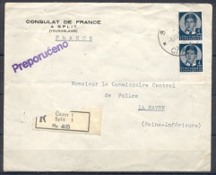 Lettre RECOMMANDEE  De SPLIT Du CONSULAT De FRANCE  Le 6 XII 39  Pour LE HAVRE Avec BANDE De 2 Timbres - Brieven En Documenten