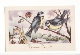 Carte 1940 Signée Gougeon : Bonne Année ,oiseaux Pailletés - Gougeon