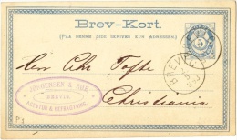 Brev-Kort Sent From Jorgenson & Roe - Agentur & Befragtning, Brevig To Christiania, 1883 - & Express Card - Storia Postale