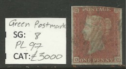 GB 1841 QV 1d Penny Red Imperf ( O & C )CV £3.000 GREEN PMK SG 8. Pl 97( R371 ) - Used Stamps