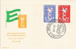 BELGIQUE BELGIE FDC AUSGABETAG ILK GUN ZARFI EUROPA CEPT 1958 ERSTTAG 1 ER JOUR BRUSSEL BRUXELLES - 1958