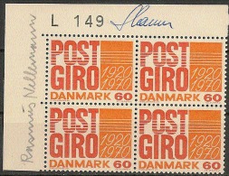 Czeslaw Slania. Denmark 1970.  Postal Payment System. Plate-block. Michel 491 MNH. Signed. - Nuovi