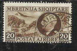 ALBANIA 1939 POSTA AEREA AIR MAIL RE VITTORIO EMANUELE III KING 20 Q USATO USED OBLITERE' - Albanien