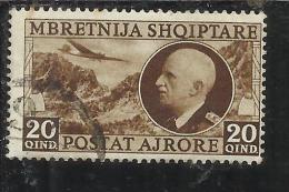 ALBANIA 1939 POSTA AEREA AIR MAIL RE VITTORIO EMANUELE III KING 20 Q USATO USED OBLITERE' - Albanie