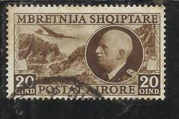 ALBANIA 1939 POSTA AEREA AIR MAIL RE VITTORIO EMANUELE III KING 20 Q USATO USED OBLITERE' - Albanie