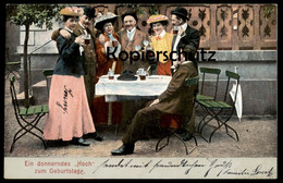 ALTE POSTKARTE EIN DONNERNDES HOCH ZUM GEBURTSTAG 1906 Geburtstagskarte Bier Alkohol Bowle Beer Birthday Women Drinking - Anniversaire