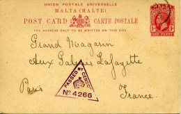 Carte 1 Penny Rouge Oblitérée Du 15/01/1917 Pour La France. Griffe De Censure PASSED BY CENSOR N° 4266 - Malte (...-1964)