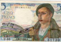 FRANCE - BILLET DE 5 FRANCS  Berger -  22=07=1943 J - N° U.33 - 5 F 1943-1947 ''Berger''