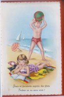 Cp Litho Illustrateur Vivey ? Enfant Plage Ballon Livre Tuba Voyagé 1962 Timbre Belge Frere A M Gochet - Humorous Cards