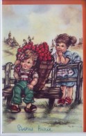 CP Litho Illustrateur RAVINO RUBINO ? Enfants Enfant Portant Panier Pommes Soleil Nuit 1960 Maffle Flamme - Humorvolle Karten