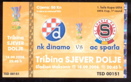 DINAMO ZAGREB Vs AC SPARTA PRAHA  Ticket  18.09. 2008. UEFA CUP - Biglietti D'ingresso