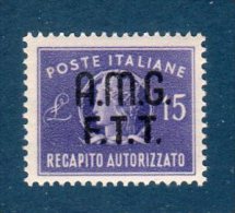 Trieste A 1949 -- RECAPITO AUTORIZZATO -- 15£ N°3 / ** MNH - Fiscale Zegels