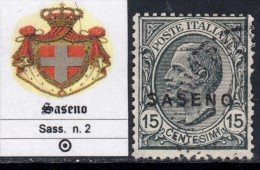 ITALIA - SASENO - N.2 - Cat. 220 Euro - USATO - USED - LUXUS GESTEMPELT - Saseno