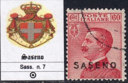 ITALIA - SASENO - N.7 - Cat. 220 Euro - USATO - USED - LUXUS GESTEMPELT - Saseno