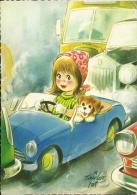 Children - Girl With Pink Scarf Is Driving A Blue Car, 1971., Yugoslavia (Jež, C-1294 / Ilistrated A. Taylor Tot) - Humorvolle Karten