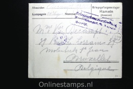 Germany 1918 Sep, Cover Complete Kriegsgefangenenlager Hamelen To Brussels Belgium - Covers & Documents