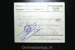 Germany 1918 , Cover Complete Kriegsgefangenenlager Hamelen To Brussels Belgium - Covers & Documents