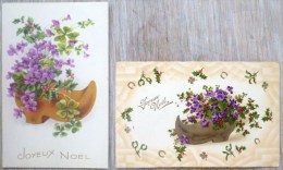 Cp Lot 2x Litho Illustrateur Voeux  NOEL SABOT SABOTS REMPLI DE FLEUR VIOLETTE TREFLE ET HOUX - Sammlungen & Sammellose