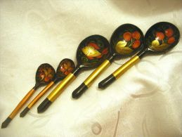 VINTAGE RUSSIAN KHOKHLOMA LACQUER SOUP & DESSERT SPOONS - Sonstige & Ohne Zuordnung