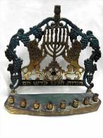 1960 ISRAEL LIONS COLORED HANUKKAH MENORAH LAMP - Bronces