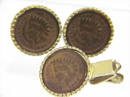 1906-1907 ONE CENT INDIAN HEAD CUFFLINKS & TIE CLASP - Boutons De Col /de Manchettes