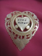 \""DEAR MOTHER\" ORNATE HEART JERUSALEM ARTWORK MOP BROOCH ISRAEL - Broches