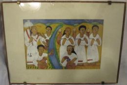 \""BRINGING WATER FROM RIVER\" TRADIONAL ETHIOPIAN VINTAGE PAINTING - Afrikanische Kunst