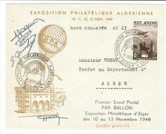 ALGERIA - U.P.A. - ESPOSIZIONE FILATELICA ALGERINA  - PAR BALON - COURRIER ACCIDENTE' - ANNO 1949 - FIRME DEI PILOTI - Lettres & Documents