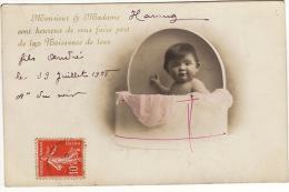 Carte Postale Faire-part De Naissance Bébé Sort D'une Boîte à Chapeau 1908 - Geburt
