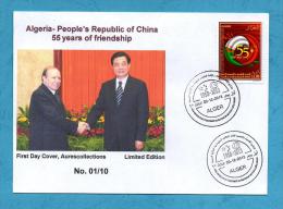 Algeria China Presidents Shaking Hands, 55th Anniv. Diplomatic Relations Algerie Chine Drapeaux Flags 2013 MNH ** - Enveloppes