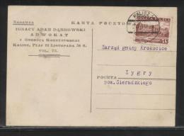 POLAND 1937 PRIVATE POSTCARD IGNACY ADAM DABROWSKI LAWYER POSTED KALISZ 1 TO ZYGRY TIED 15GR LODZ UNIVERSITY SINGLE - Brieven En Documenten