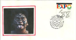 NEW-ZEALAND NATIONAL DAY. EXPO UNIVERSELLE BRISBANE 1988  (guerrier Maori Tatoué) - Storia Postale